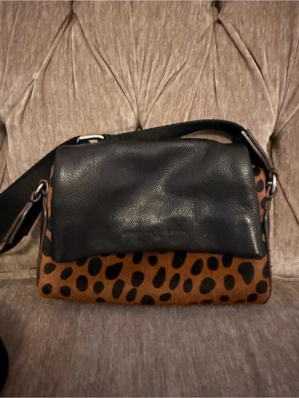 Aimee Kestenberg Black Leather Flap with Brown Leopard Print Crossbody